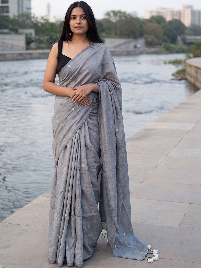Grey woven design sequinned  cotton khadi saree