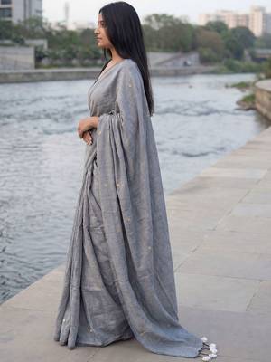 Grey woven design sequinned  cotton khadi saree 2