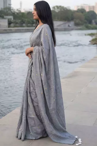 Grey woven design sequinned  cotton khadi saree