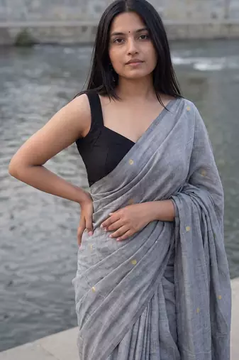 Grey woven design sequinned  cotton khadi saree