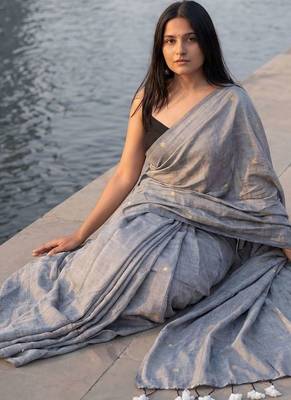 Grey woven design sequinned  cotton khadi saree 5