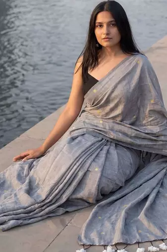 Grey woven design sequinned  cotton khadi saree