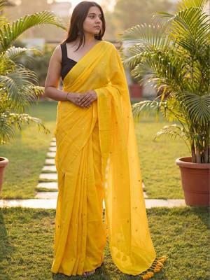 Yellow embellished zari  cotton handloom khadi saree 1