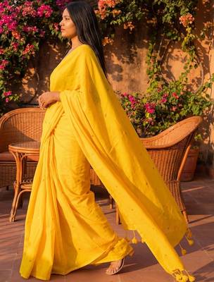 Yellow embellished zari  cotton handloom khadi saree 3