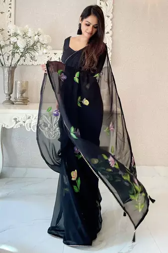 Black floral printed saree