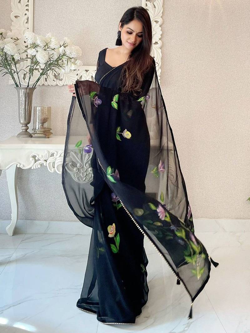 Black floral printed saree