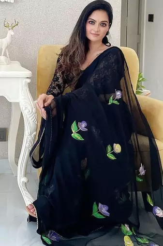 Black floral printed saree