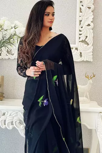 Black floral printed saree