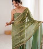 Green embellished sequinned  chiffon designer saree