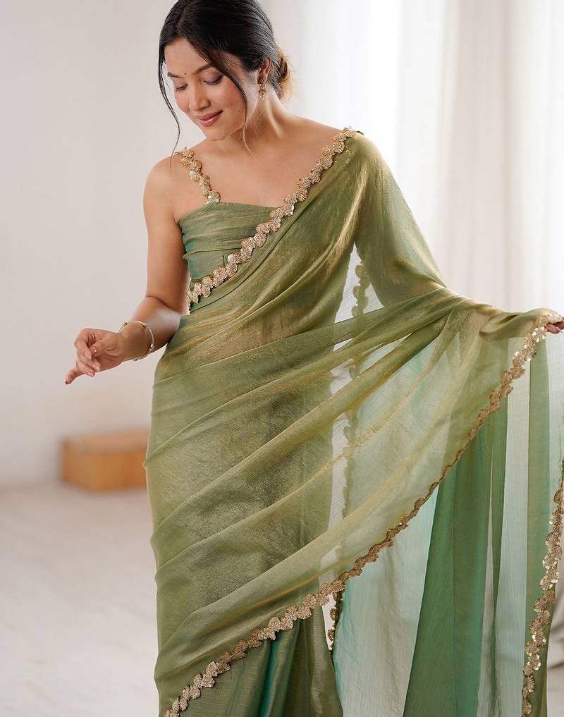 Green embellished sequinned  chiffon designer saree