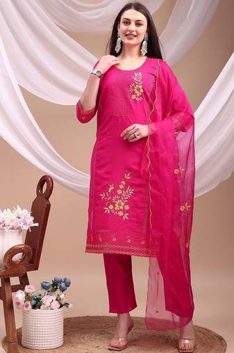 floral embroidered chanderi cotton straight kurta with trousers & dupatta