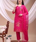 floral embroidered chanderi cotton straight kurta with trousers & dupatta