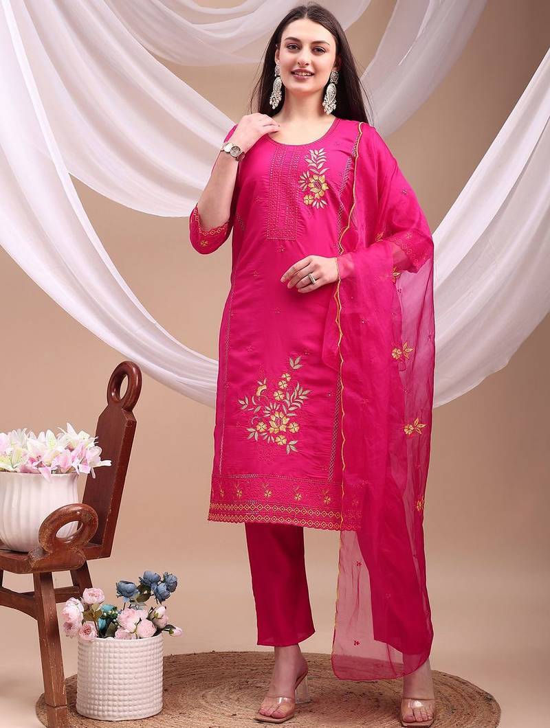 floral embroidered chanderi cotton straight kurta with trousers & dupatta