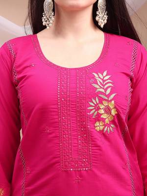 floral embroidered chanderi cotton straight kurta with trousers & dupatta 2