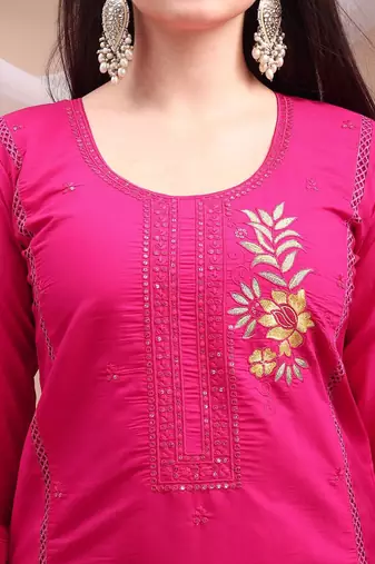 floral embroidered chanderi cotton straight kurta with trousers & dupatta