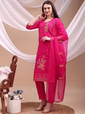 floral embroidered chanderi cotton straight kurta with trousers & dupatta 3