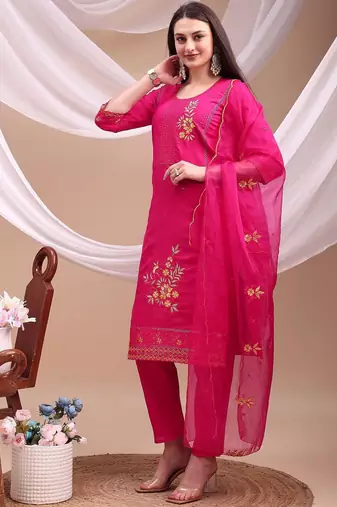 floral embroidered chanderi cotton straight kurta with trousers & dupatta