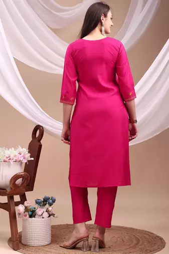 floral embroidered chanderi cotton straight kurta with trousers & dupatta