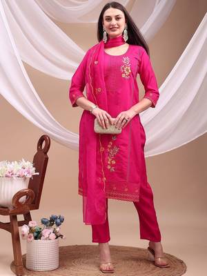 floral embroidered chanderi cotton straight kurta with trousers & dupatta 5