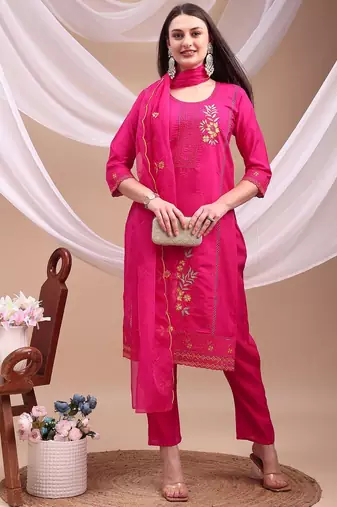 floral embroidered chanderi cotton straight kurta with trousers & dupatta