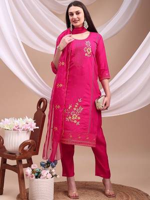 floral embroidered chanderi cotton straight kurta with trousers & dupatta 6