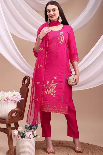 floral embroidered chanderi cotton straight kurta with trousers & dupatta