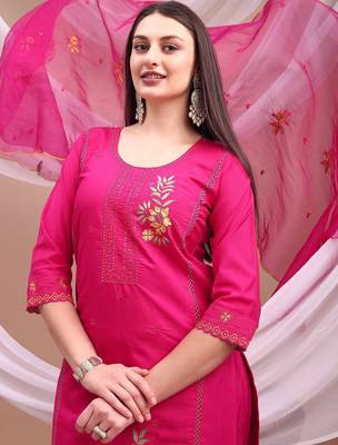 floral embroidered chanderi cotton straight kurta with trousers & dupatta 7