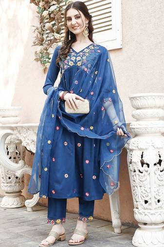 embroidered thread work  silk a-line kurta with trousers & dupatta