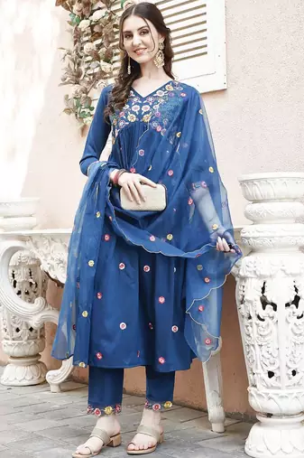 embroidered thread work  silk a-line kurta with trousers & dupatta
