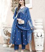 embroidered thread work  silk a-line kurta with trousers & dupatta