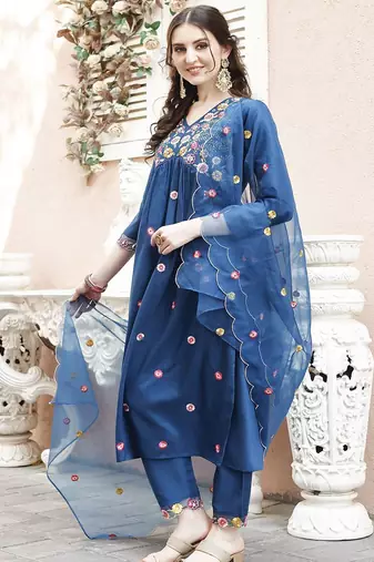 embroidered thread work  silk a-line kurta with trousers & dupatta