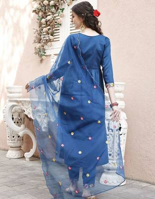 embroidered thread work  silk a-line kurta with trousers & dupatta 4