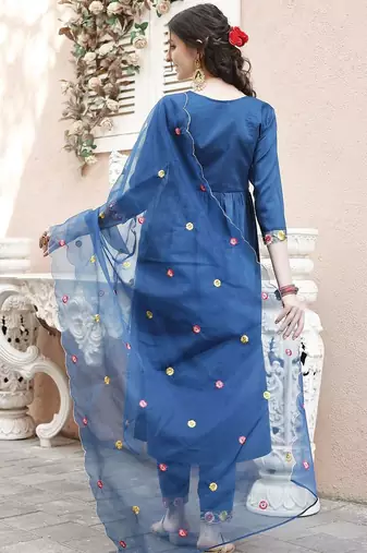 embroidered thread work  silk a-line kurta with trousers & dupatta