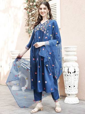 embroidered thread work  silk a-line kurta with trousers & dupatta 5