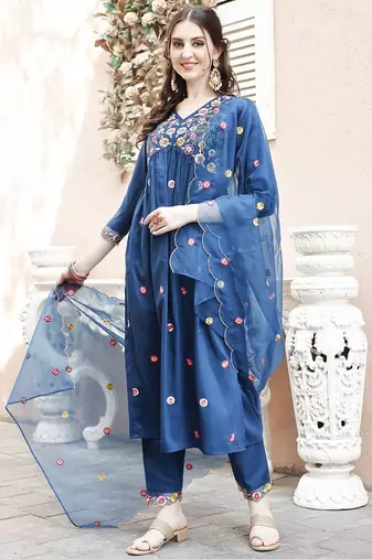 embroidered thread work  silk a-line kurta with trousers & dupatta