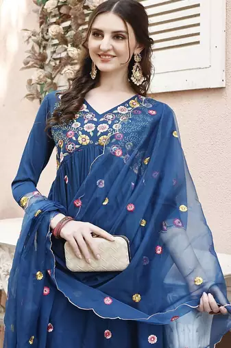 embroidered thread work  silk a-line kurta with trousers & dupatta