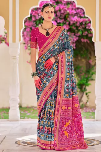 Grey warli zari grey silk blend ethnic printed festive wear saree with matching blouse