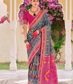 Grey warli zari grey silk blend ethnic printed festive wear saree with matching blouse