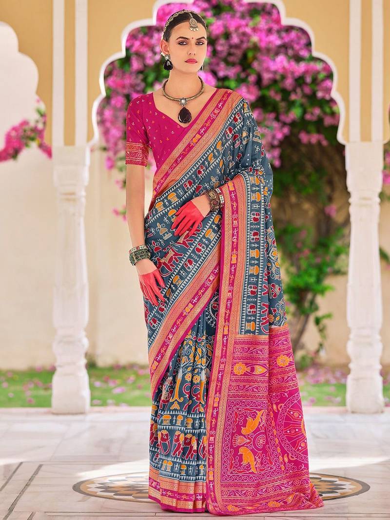 Grey warli zari grey silk blend ethnic printed festive wear saree with matching blouse