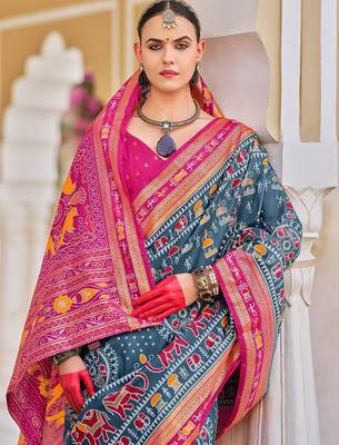 Grey warli zari grey silk blend ethnic printed festive wear saree with matching blouse 2