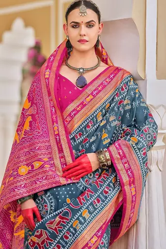 Grey warli zari grey silk blend ethnic printed festive wear saree with matching blouse