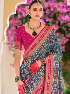 Grey warli zari grey silk blend ethnic printed festive wear saree with matching blouse 3