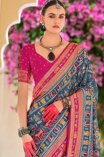 Grey warli zari grey silk blend ethnic printed festive wear saree with matching blouse