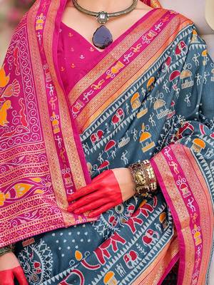 Grey warli zari grey silk blend ethnic printed festive wear saree with matching blouse 4