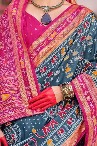 Grey warli zari grey silk blend ethnic printed festive wear saree with matching blouse