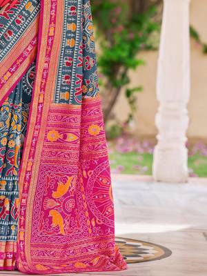 Grey warli zari grey silk blend ethnic printed festive wear saree with matching blouse 5