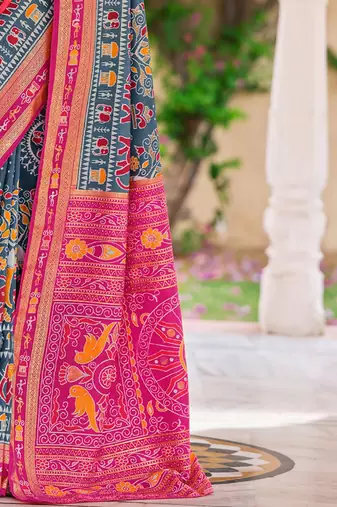 Grey warli zari grey silk blend ethnic printed festive wear saree with matching blouse