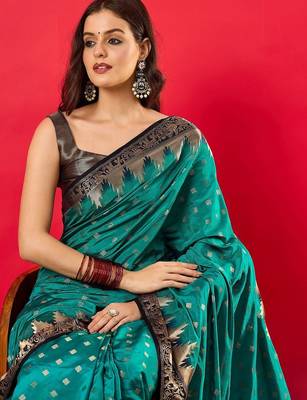 Teal ethnic motifs woven design banarasi saree 1