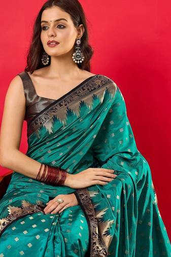 Teal ethnic motifs woven design banarasi saree