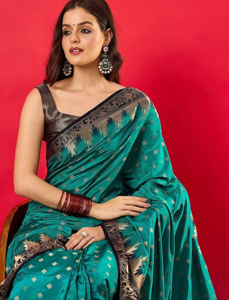 Teal ethnic motifs woven design banarasi saree